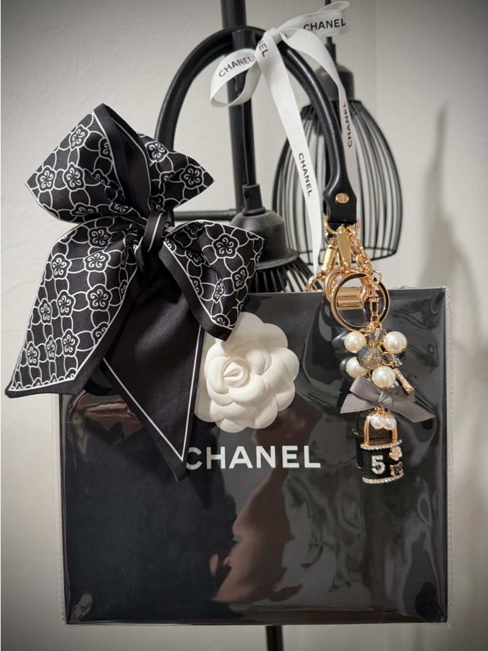 UPCYCLED CHANEL Black Paper Bag Tote with White Camellia and Pearl Charm